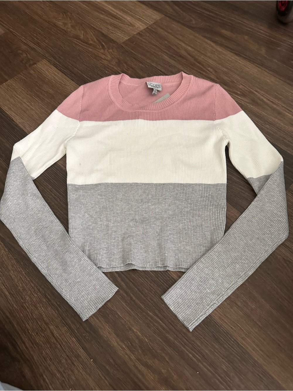 Ribbed Colorblock Sweater Top — Pink, White & Gray